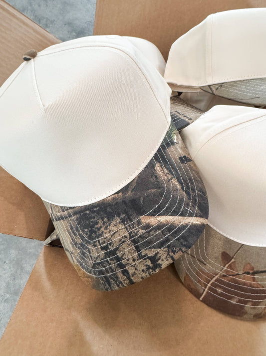 Camo and Tan Blank 5 Panel Hat: Camo / Tan