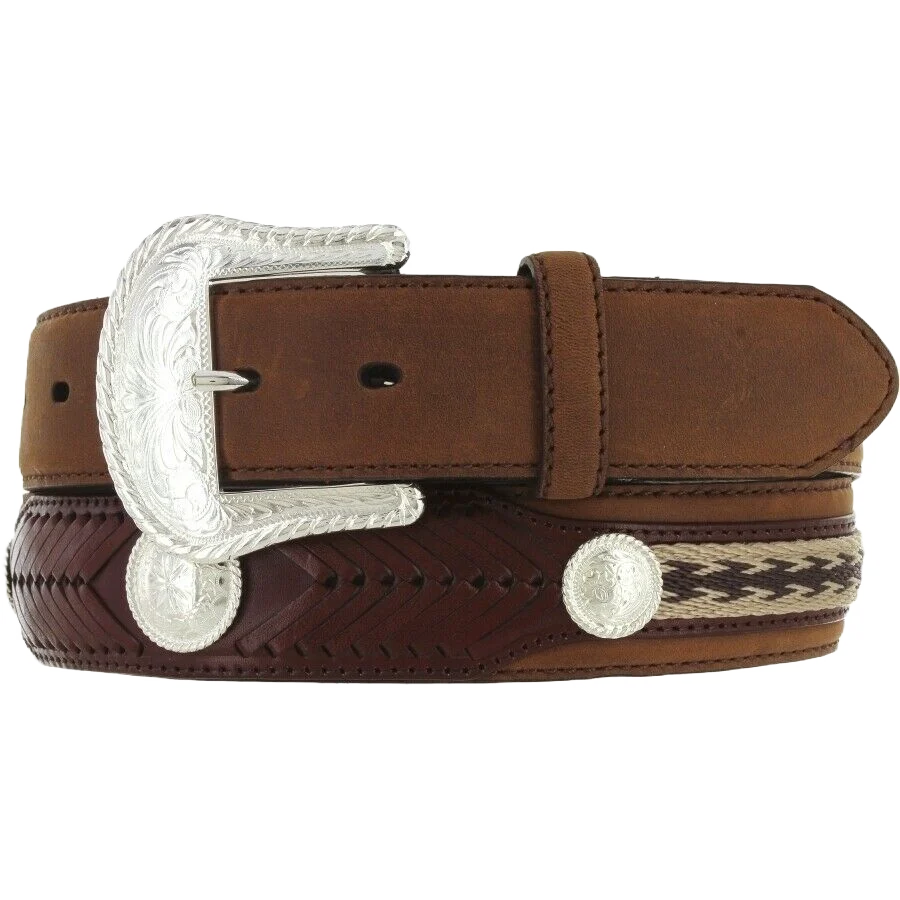 TONY LAMA MEN'S THE DUKE BROWN AND BLACK WITH EMBROIDERY AND CONCHOS WESTERN BELT